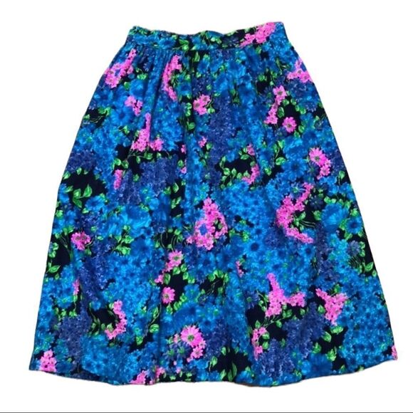 Vintage 60s 70s Handmade Floral Mini Skirt Blue Pink Green High Waist Pleated - Picture 2 of 10
